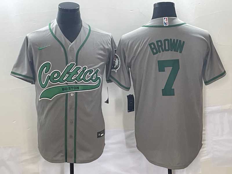 Men%27s Boston Celtics #7 Jaylen Brown Grey With Patch Stitched Baseball Jersey